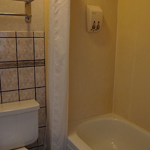 This image shows a bathroom with a tiled wall, a toilet, a bathtub, a shower curtain, and a soap dispenser mounted on the wall.